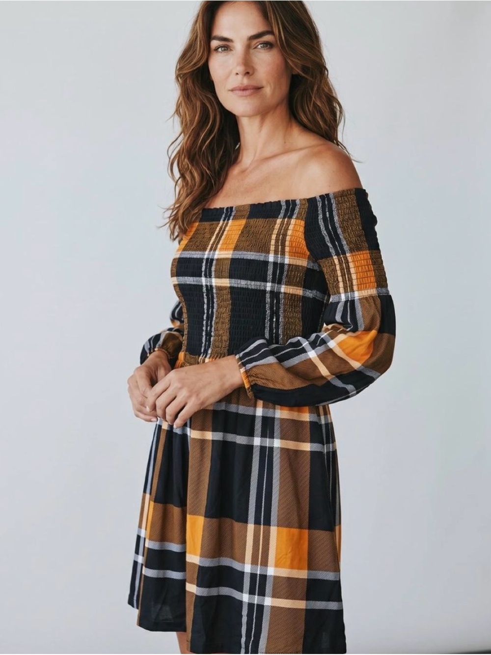 Off-Shoulder Plaid Smocked Dress in Mustard and Black
